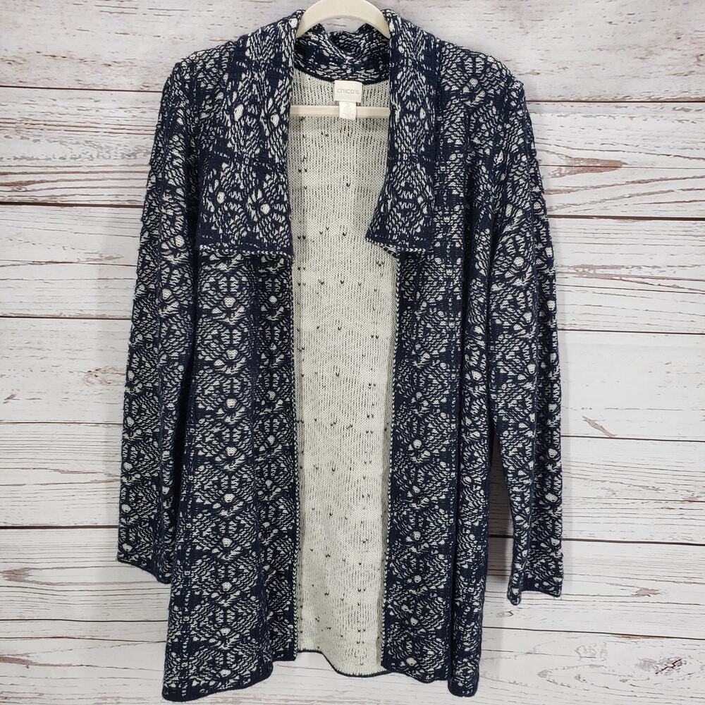 Chico's Women's Blue Textured  Open Cardigan Sweater Size 3